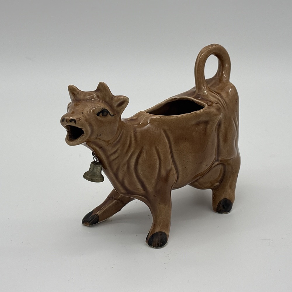 Vintage Ceramic Jersey Cow Creamer Brown Glazed Novelty Pitcher with Cowbell - Picture 1 of 8